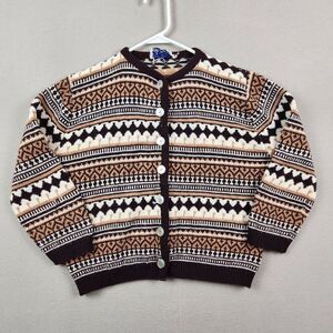 Vintage Kate Collins Sweater Small 80s Button Up Cardigan Earth Tone Geometric